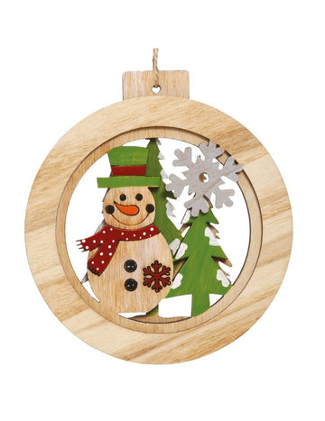 Кръгла дървена висяща украса снежен човек 12 cm 