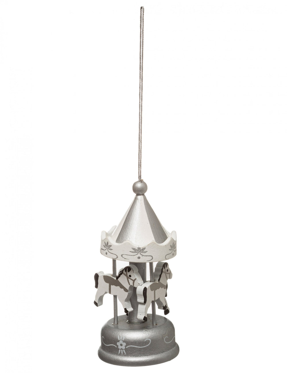 Suspension carrousel pour sapin argenté avec chevaux de bois
