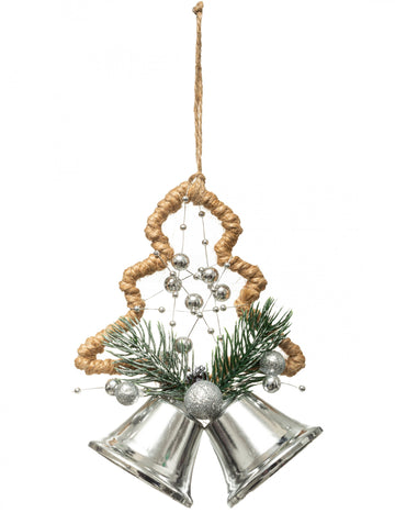 Висяща украса елха и сребърни камбанки 12 cm 
