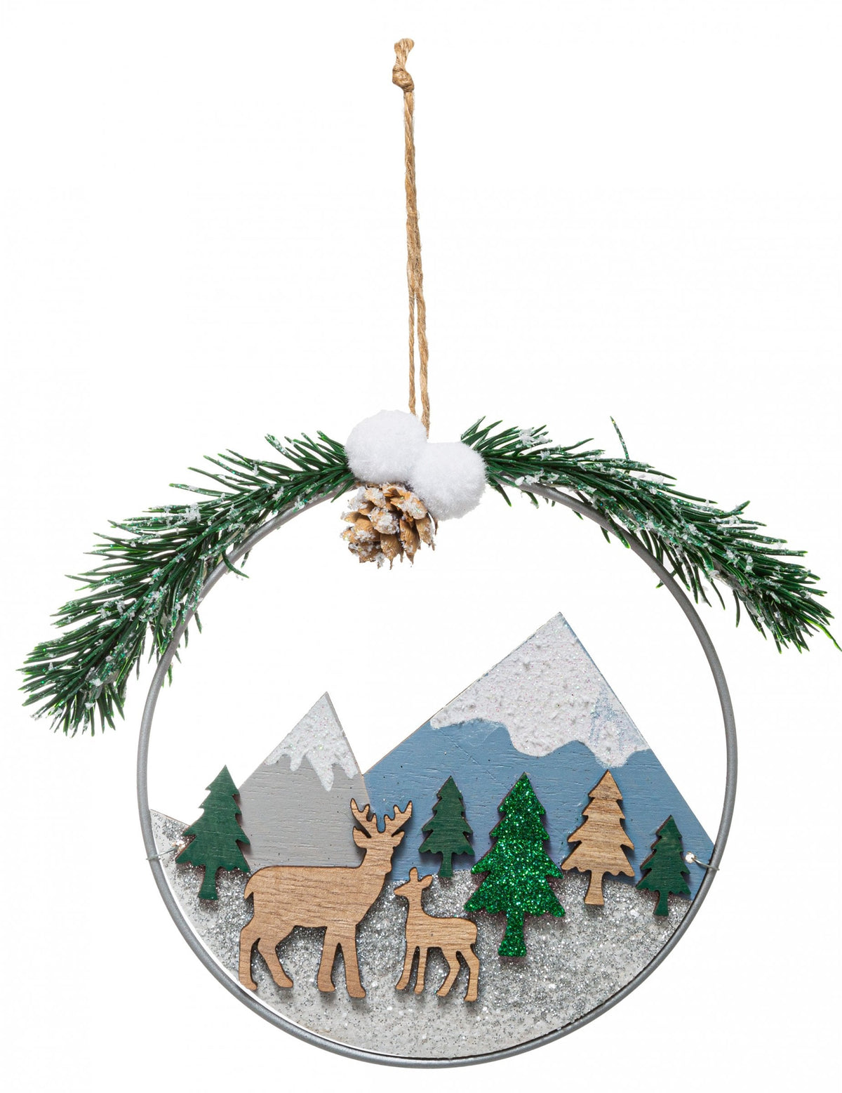 Suspension couronne paysage de Noël naturelle en bois avec cerf et sapins