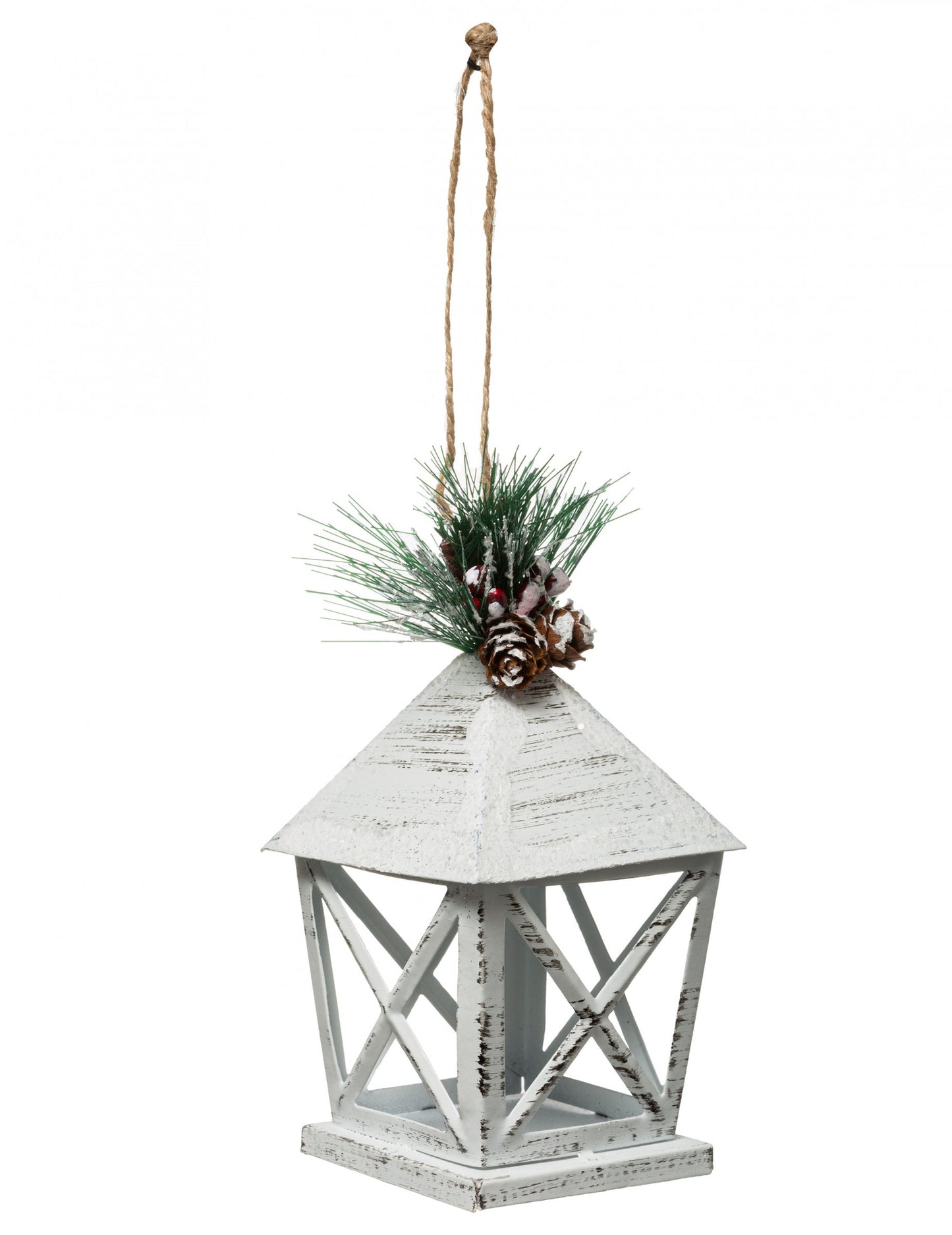 Коледна украса за елха във формата на бял фенер 13.5 cm метал