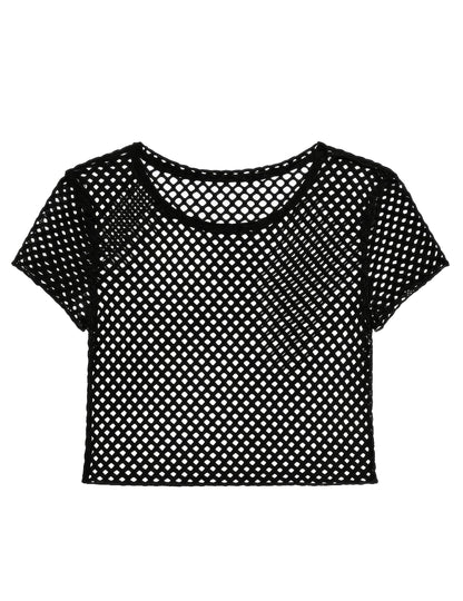Vue à plat du T-shirt résille pour femme noir