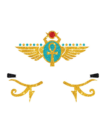 Détail des motifs de scarabée et d'yeux des tatouages pailletés reine d'Egypte