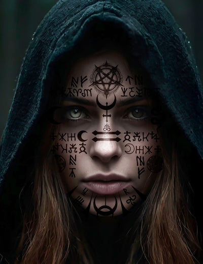 Tatouages visage satanique pour adulte noirs avec pentagramme et symboles occultes