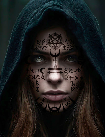 Tatouages visage satanique pour adulte noirs avec pentagramme et symboles occultes