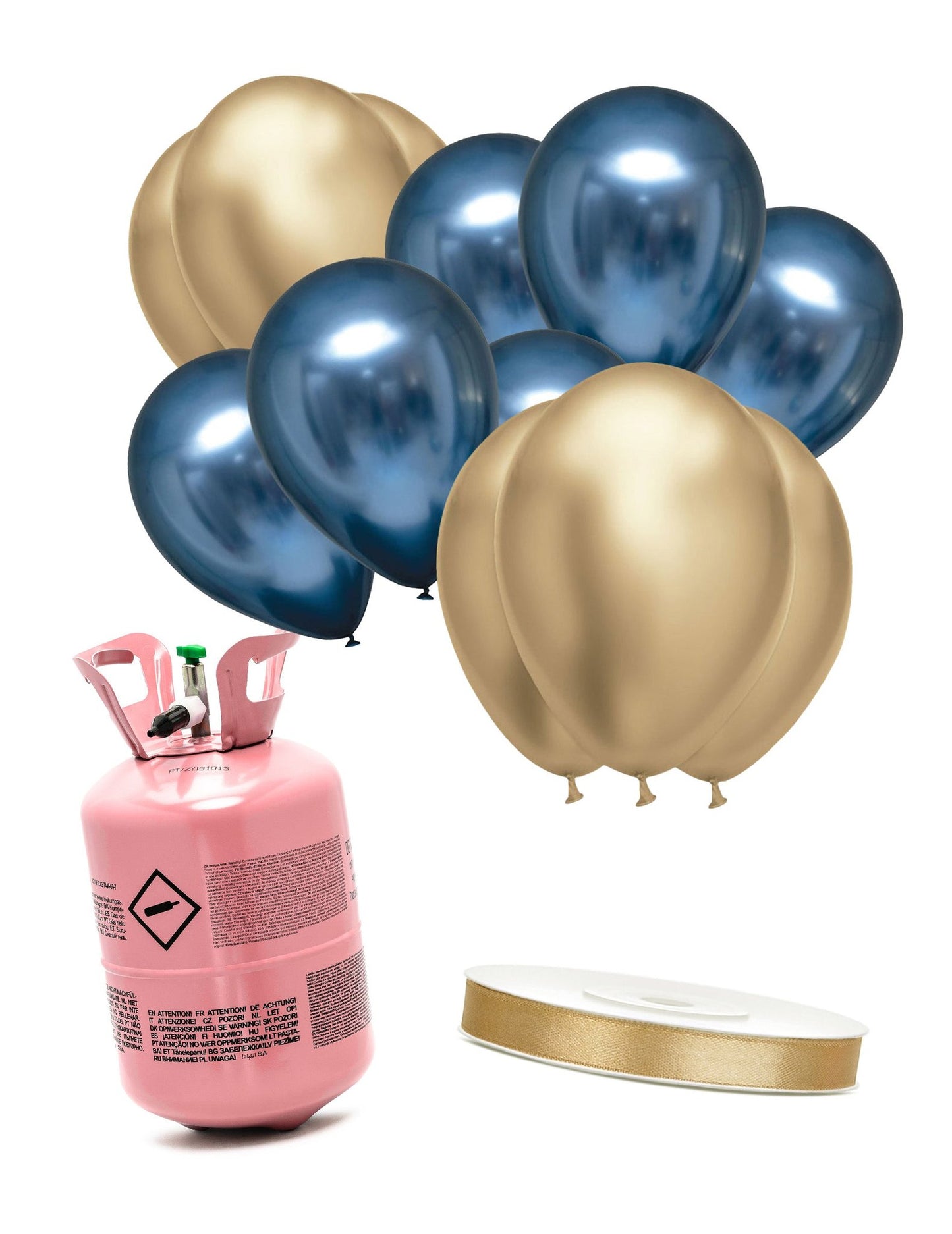 Kit bouteille d'hélium avec 12 ballons bleu marine et dorés et un ruban