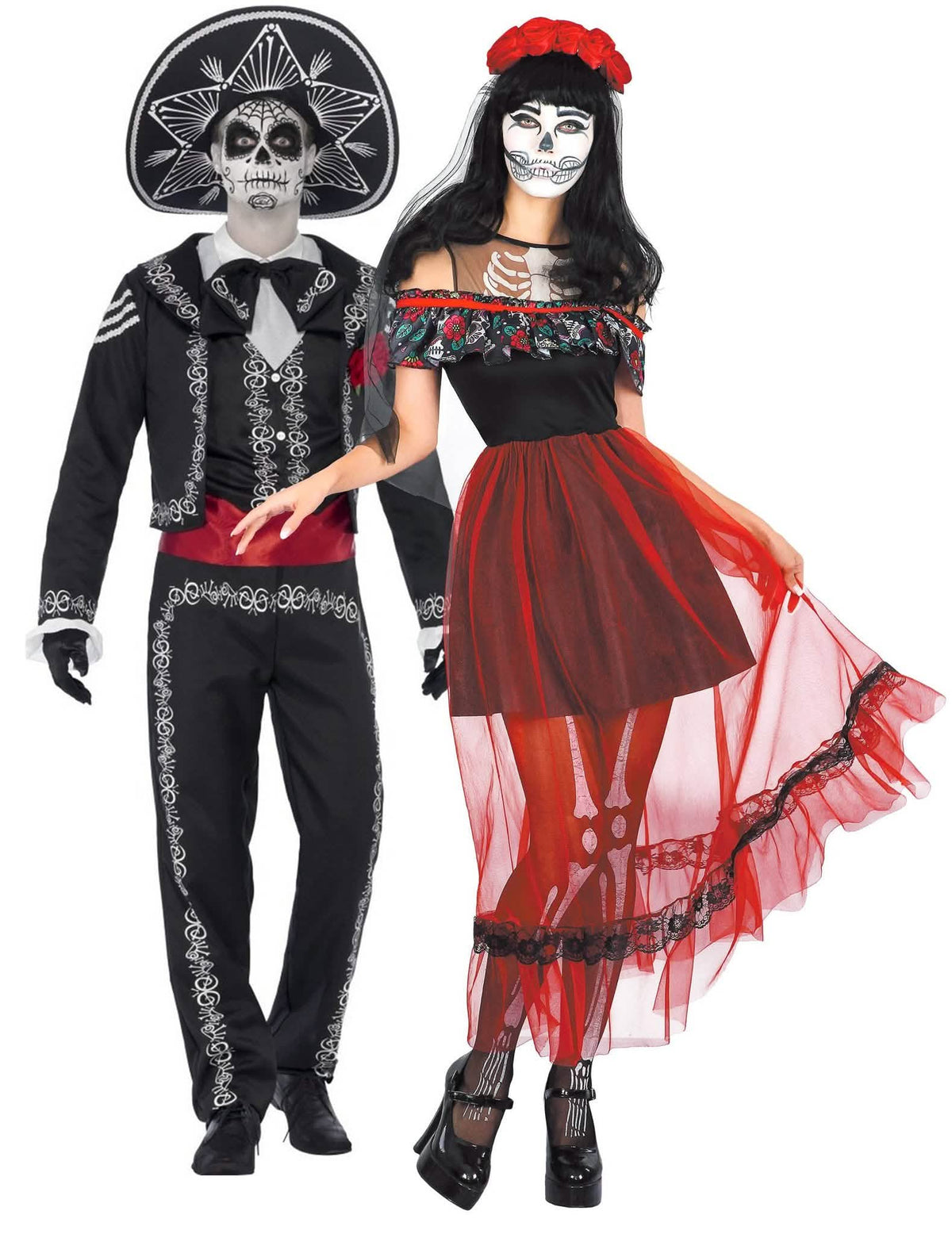 Костюм за двойка мексикански скелет Dia de los muertos за възрастни за Хелоуин