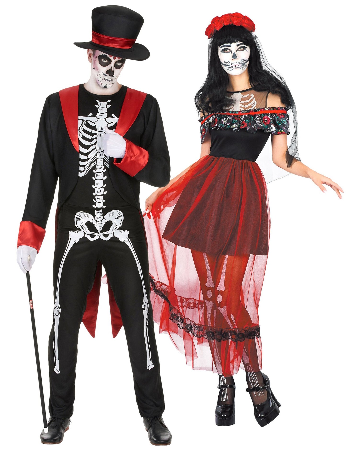 Елегантни костюми за двойка скелет día de los muertos в червено и черно за Хелоуин за възрастни