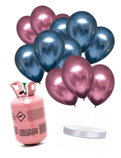 Kit bouteille d'hélium avec 6 ballons bleu marine 6 ballons roses et ruban