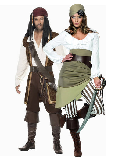 Déguisement de couple pirate marron et vert adulte