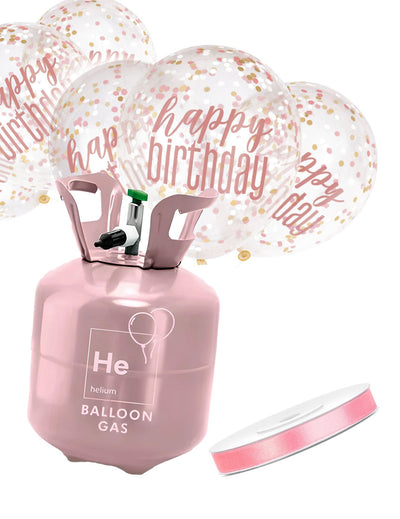 Комплект бутилка с хелий с 6 балона с конфети Happy Birthday и лента