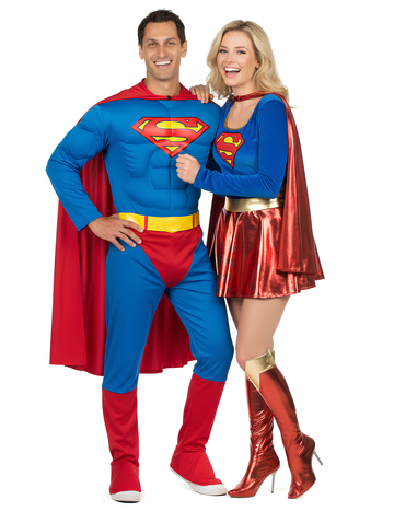 Déguisement de couple Superman et Supergirl pour adulte bleu et rouge avec capes et emblèmes