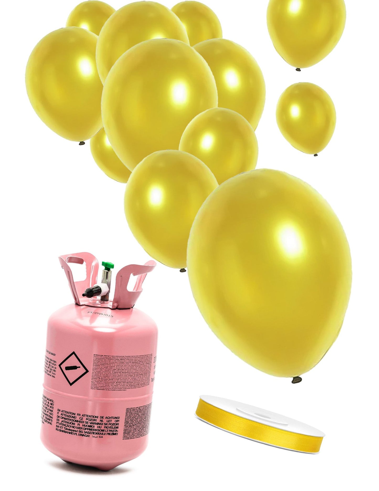 kit bouteille d'hélium avec 12 ballons dorés et ruban satin