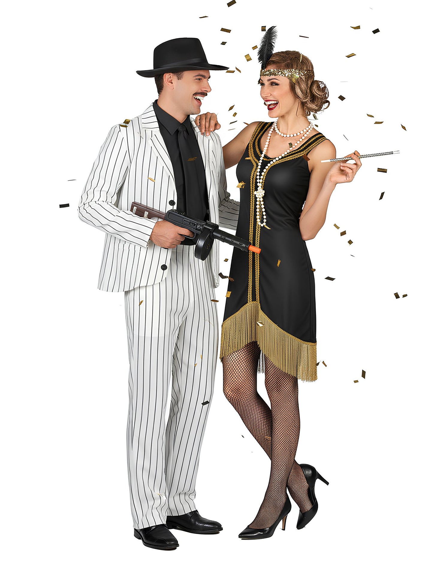 Костюм за възрастни гангстерски двойки: бял, черно-златист чарлстон