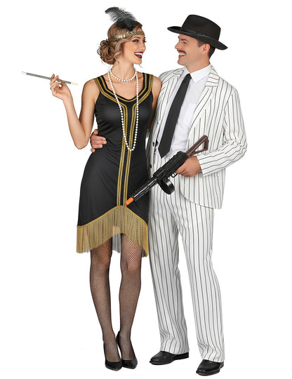 Костюм за възрастни гангстерски двойки: бял, черно-златист чарлстон