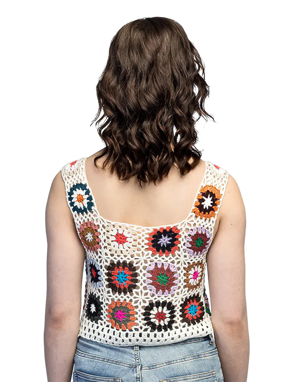 Vue de dos du top hippie floral en crochet pour adulte