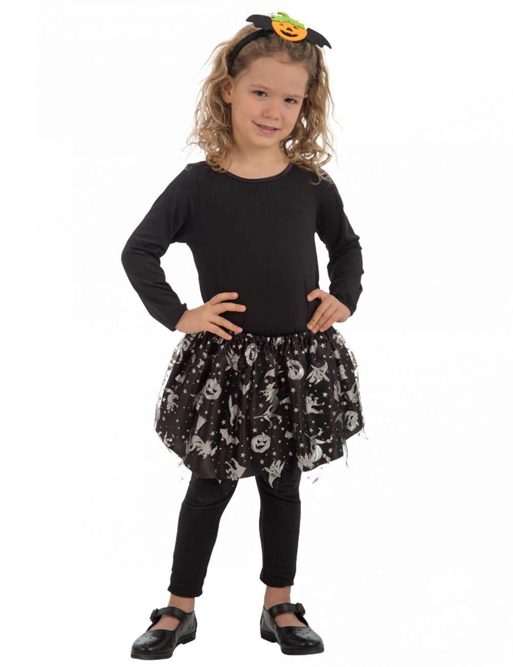 Tutu Halloween pour fille noir et argent avec motifs de citrouilles et sorcières