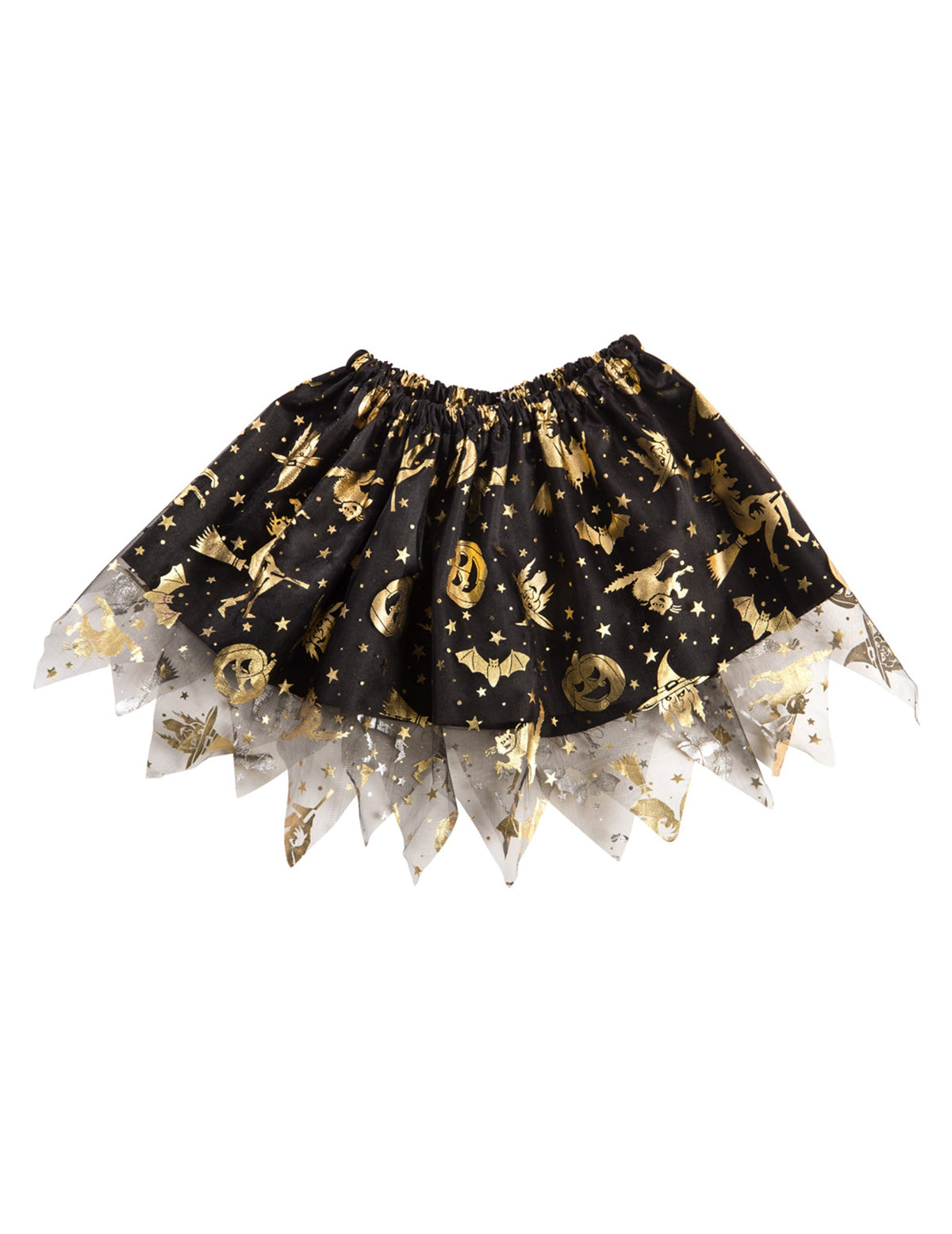 Détail des motifs dorés et du tulle du tutu halloween pour fille