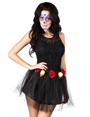 Черен туту скелет и розова жена Dia de los Muertos