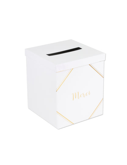 Urne en carton merci pour mariage blanche et dorée