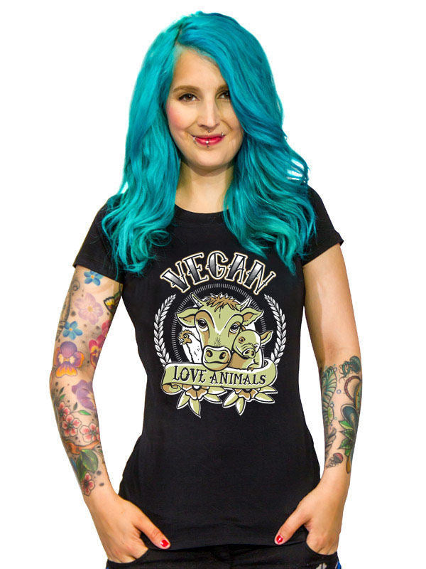 Веганска тениска Girlie - Vegan Love Animals черно-многоцветна 