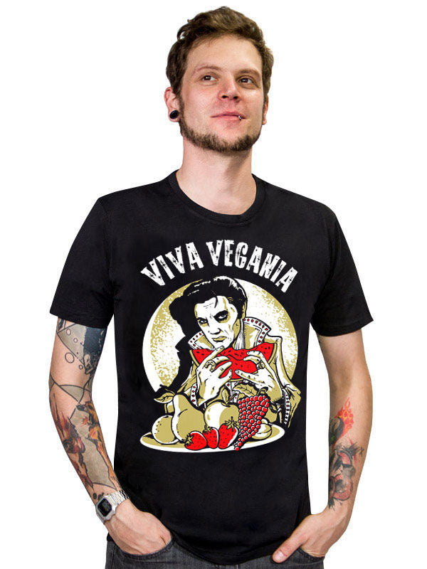 T-shirt vegan Viva Vegania pour homme noir avec motif parodie d'Elvis et fruits