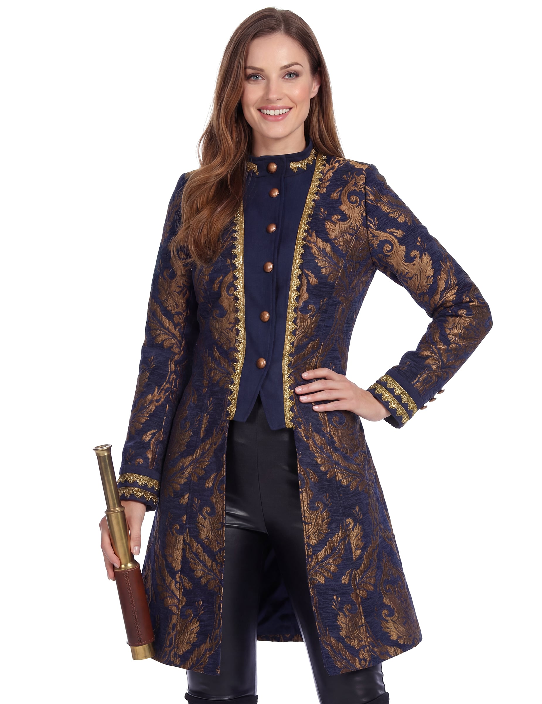 Détail des broderies et de la longue-vue de la veste baroque brodée luxe
