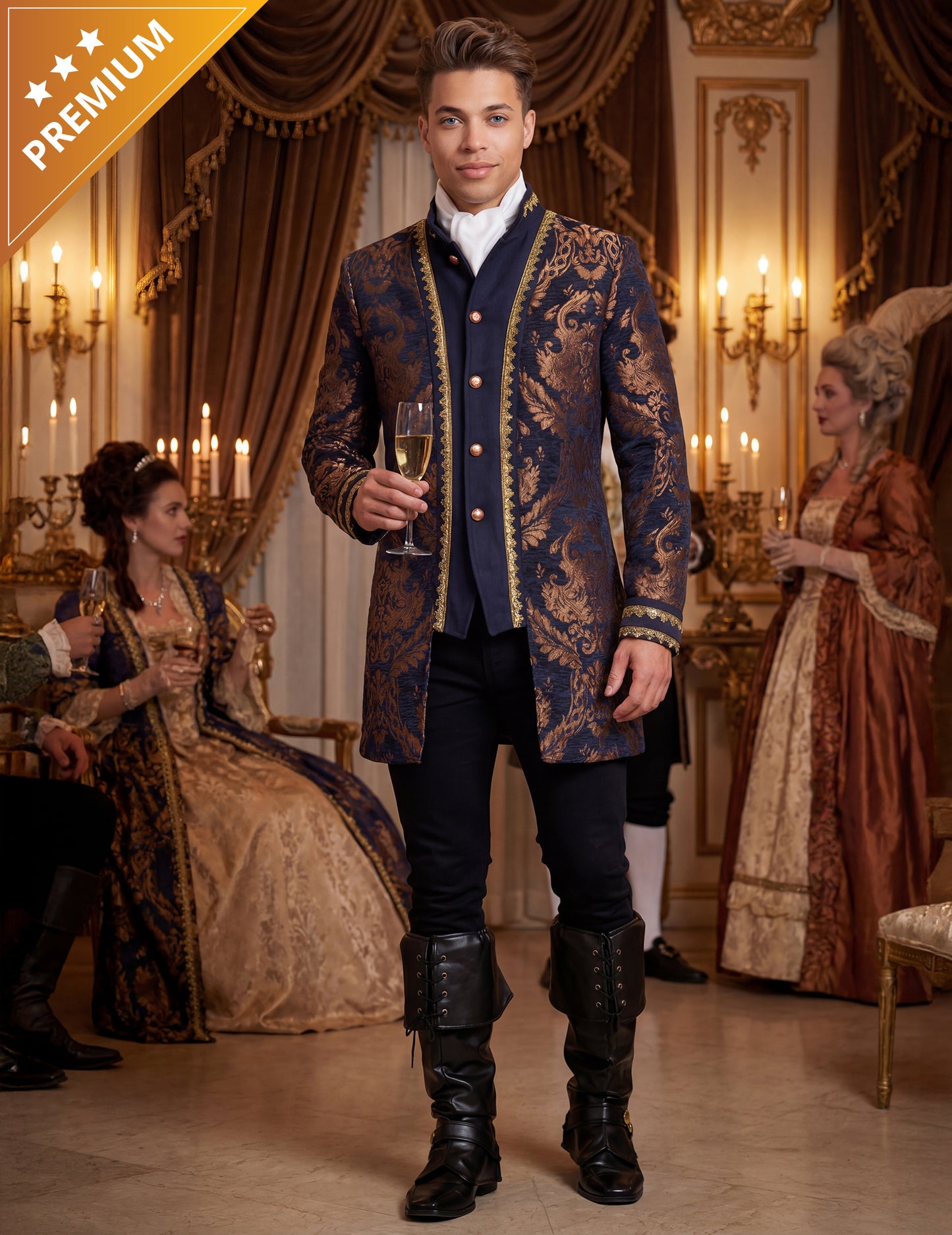 Мъжко луксозно бродирано бароково яке в синьо