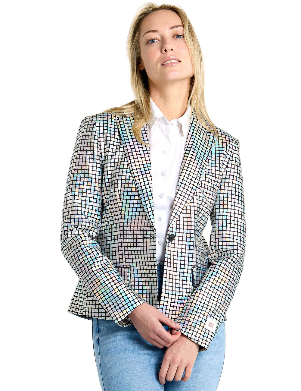 Veste blazer discoballer Suitmeister pour femme argentée holographique