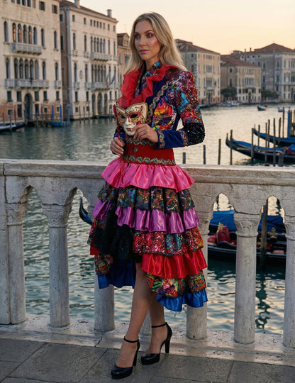 Дълго дамско сако във фиеста-карнавален стил, многоцветно, висок клас 