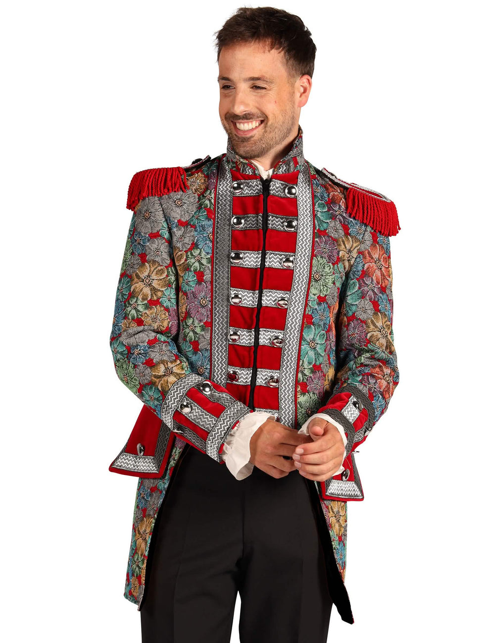 Gros plan sur le buste de la veste de carnaval motif floral haut de gamme