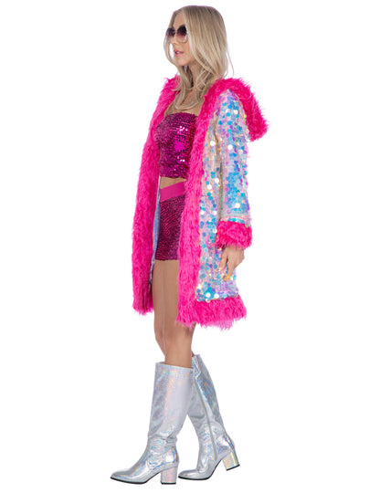 Луксозно дамско дълго яке с холографски пайети