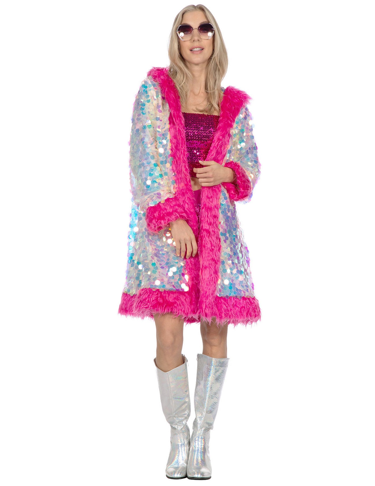 Луксозно дамско дълго яке с холографски пайети