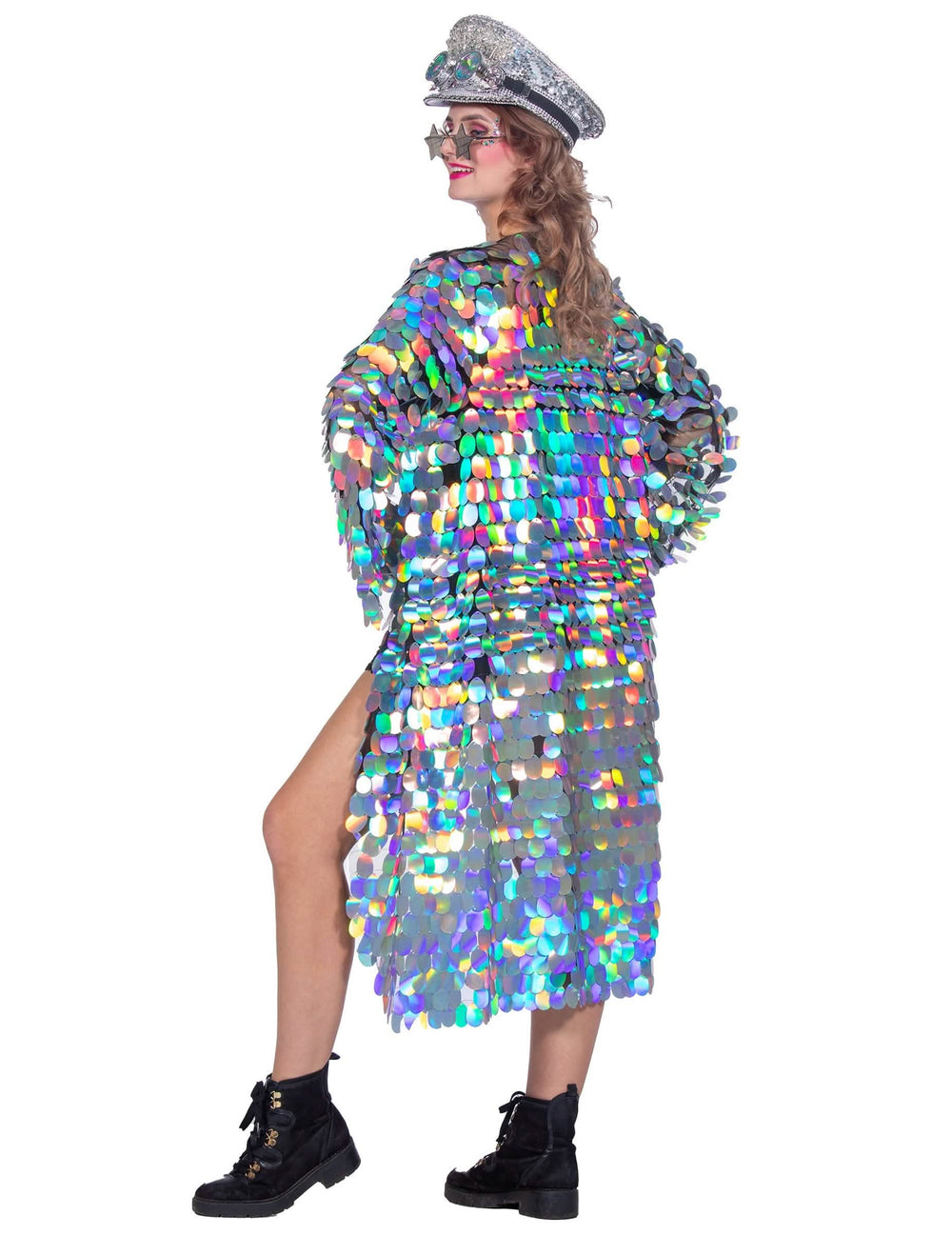Vue de profil de la veste longue à grosses paillettes luxe pour femme