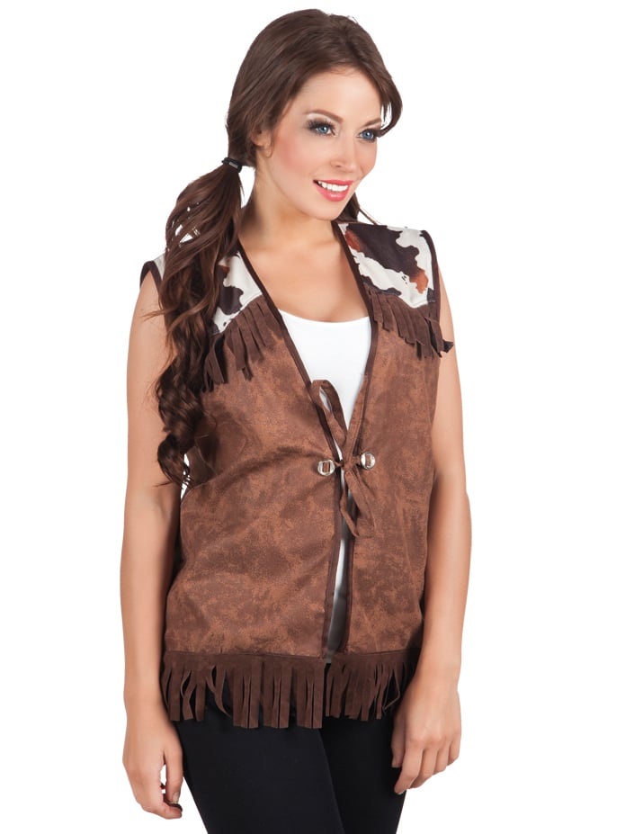 Veste western pour femme marron avec franges et motifs vache