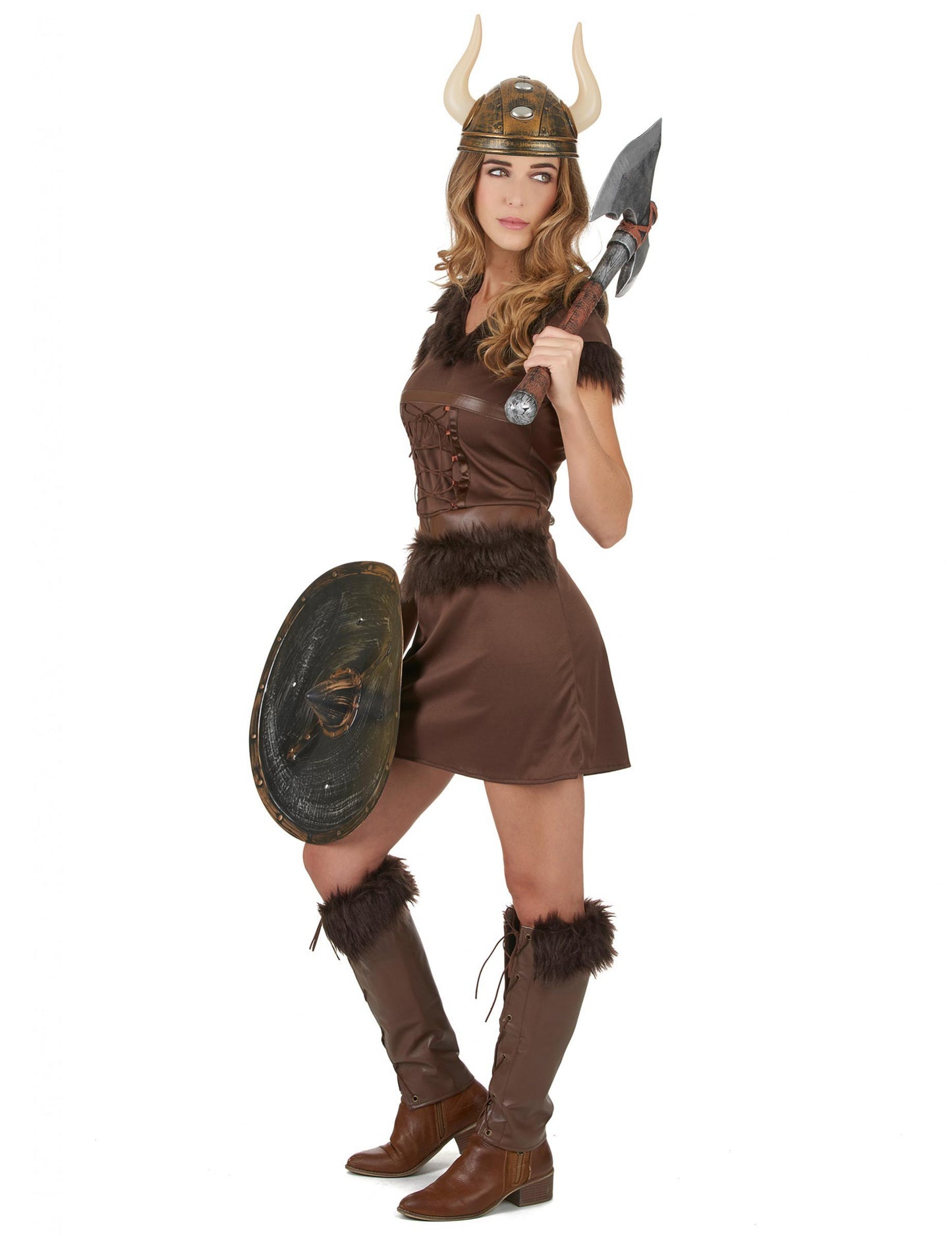 Déguisement viking sexy pour femme marron avec casque à cornes et fausse fourrure