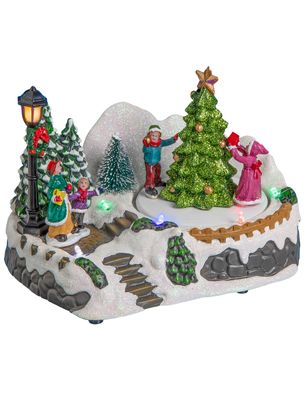 Village de Noël lumineux sapin pour décoration animée multicolore avec figurines et neige pailletée