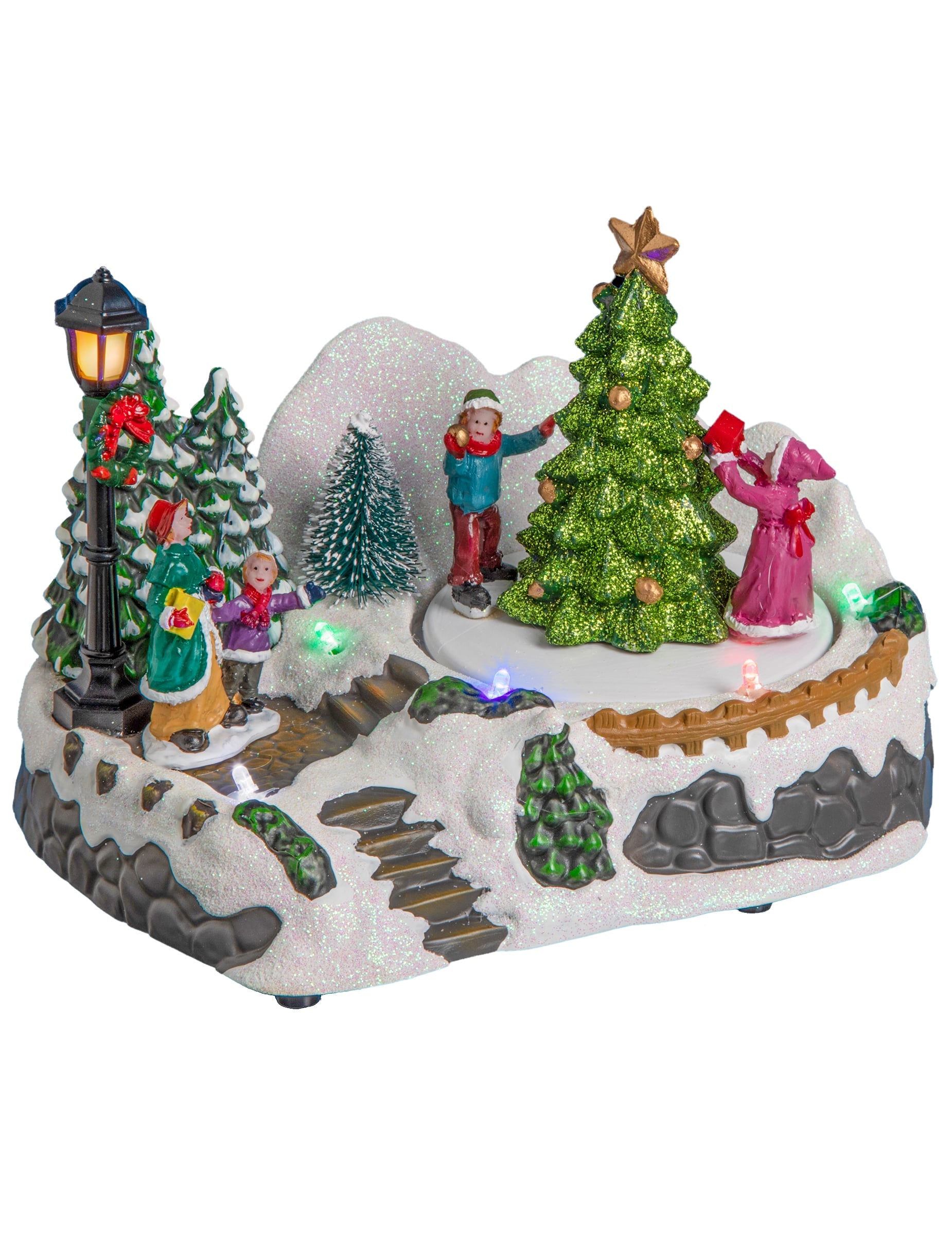 Village de Noël lumineux sapin pour décoration animée multicolore avec figurines et neige pailletée